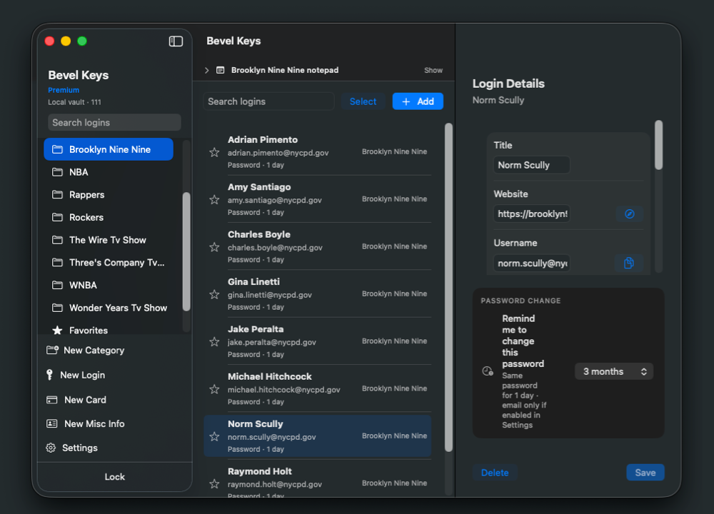 Bevel Keys Mac app showing a local vault with categories, logins, and notes